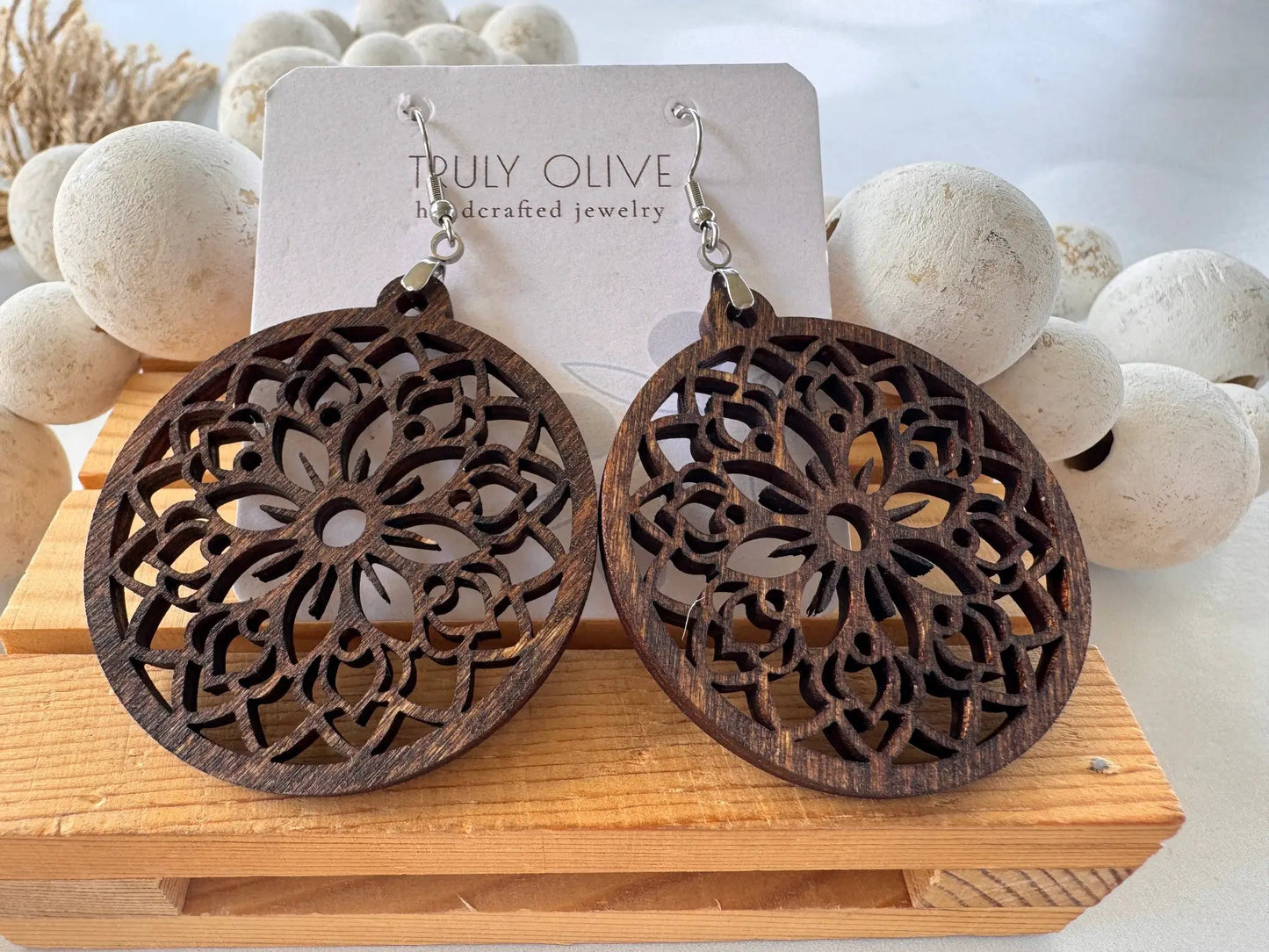 Truly Olive Circle Shape Lightweight Wood Mandala Earrings - Earrings Dangle Earrings