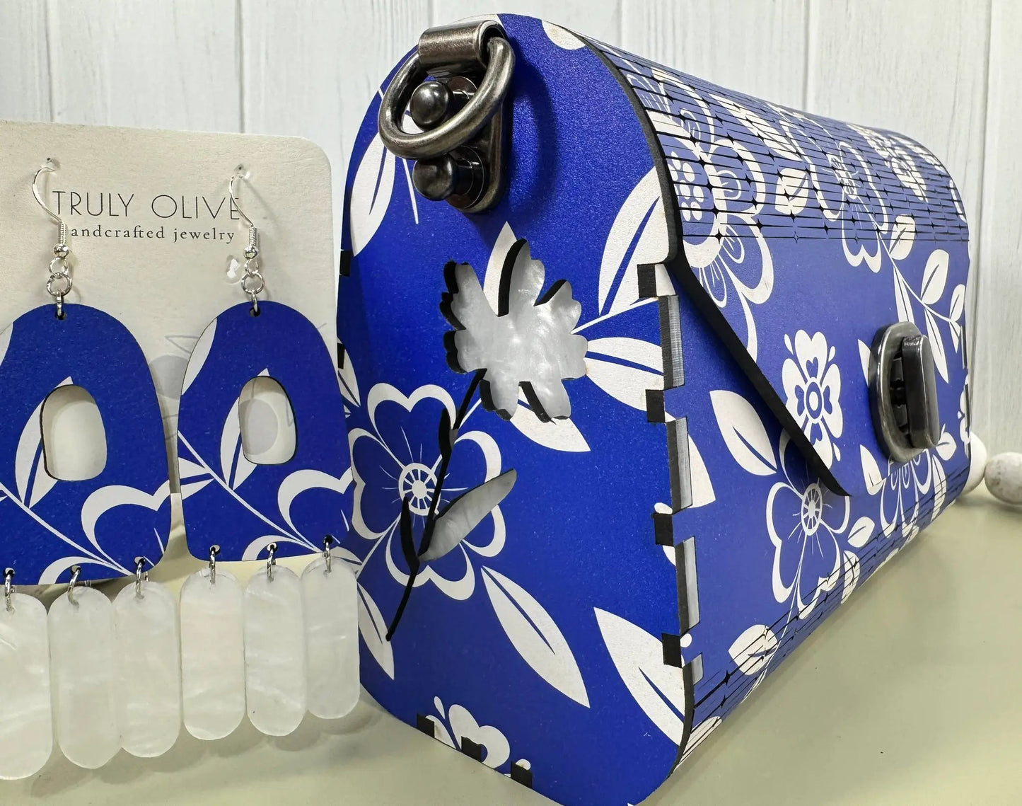 Truly Olive Cobalt Blue Flower Pattern Wood Handbag Clutch Purse - Clutch Bags Clutch Bag - Women's