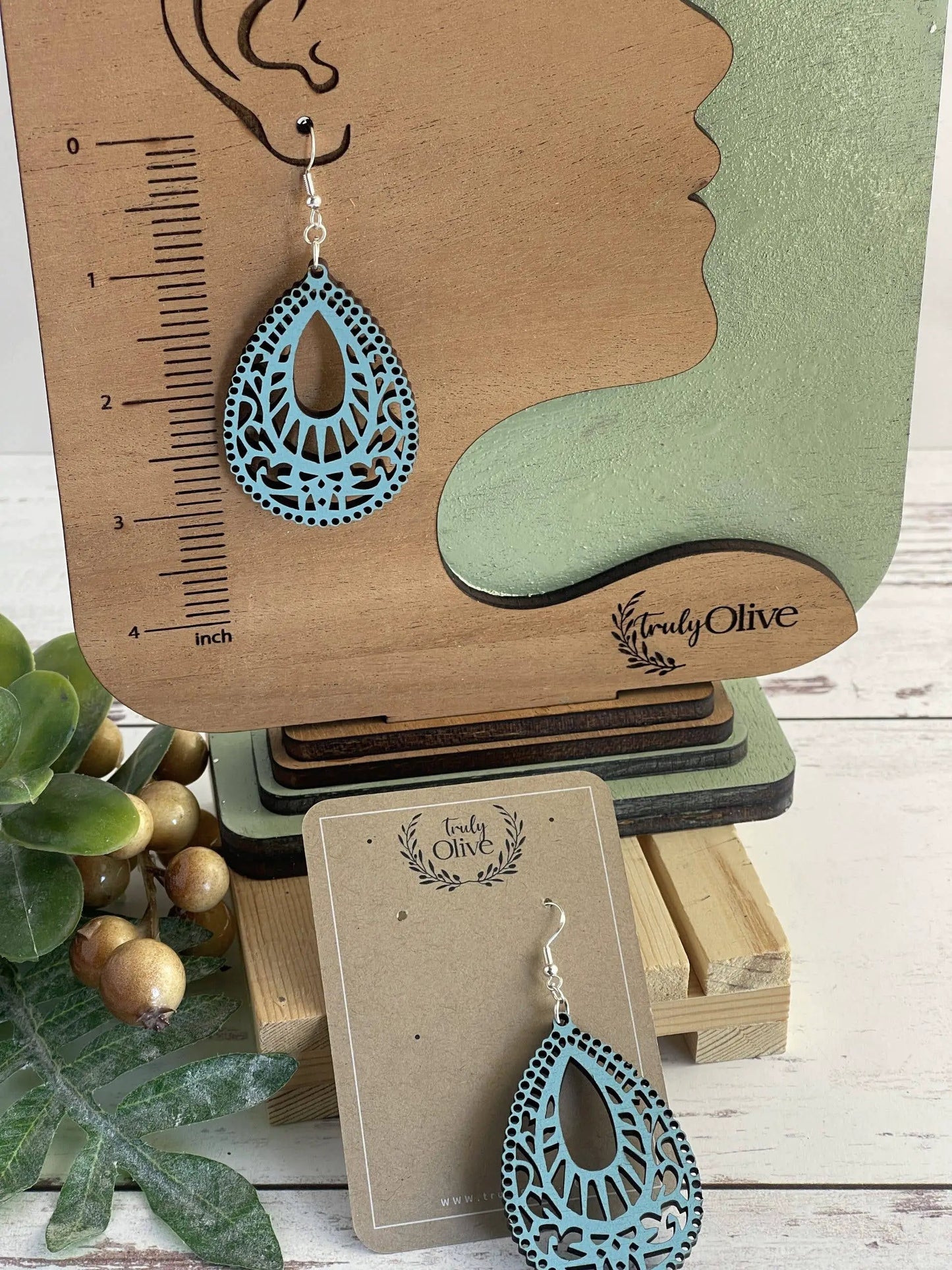 Truly Olive Teardrop Shape Wood Mandala Earrings - Earrings Dangle Earrings