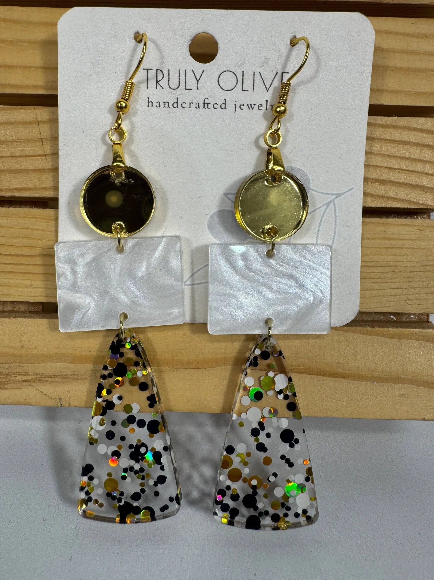 Truly Olive Long Gold Black and White Sparkly Confetti Acrylic Earrings - Earrings Dangle Earrings