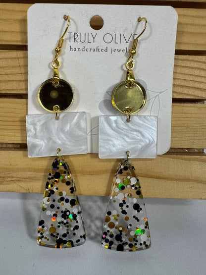 Truly Olive Long Gold Black and White Sparkly Confetti Acrylic Earrings - Earrings Dangle Earrings