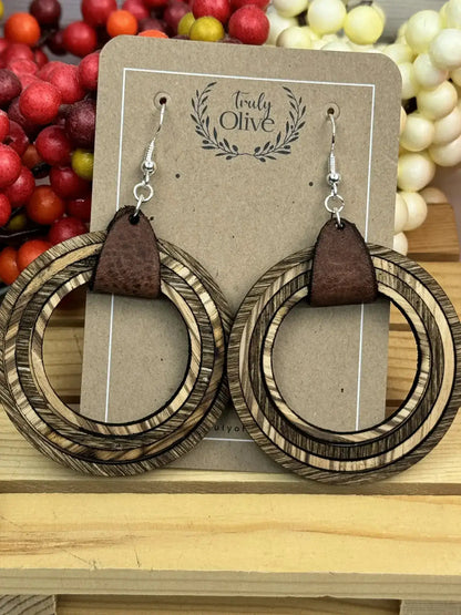 Truly Olive Leather and Wooden Hoop Earrings - Earrings Dangle Earrings