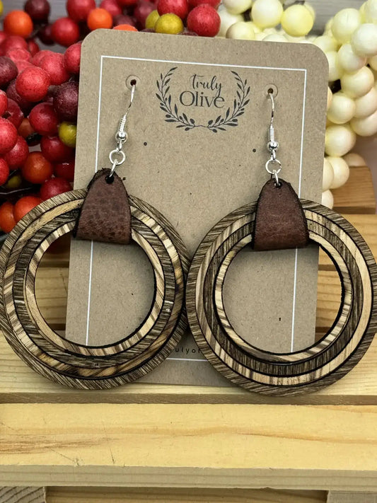 Truly Olive Leather and Wooden Hoop Earrings - Earrings Dangle Earrings
