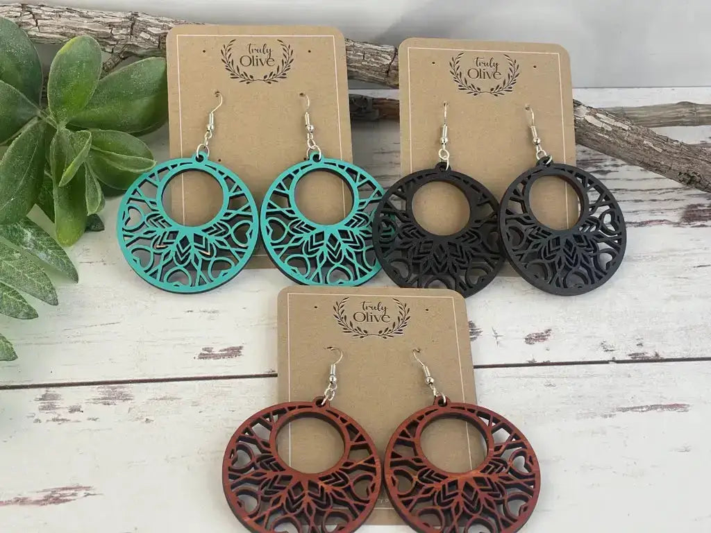 Truly Olive Boho Mandala Wooden Earrings - Earrings Dangle Earrings