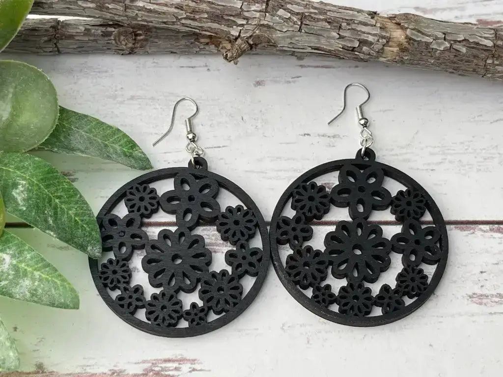 Truly Olive Groovy Flower Pattern Wood Earrings - Earrings Dangle Earrings