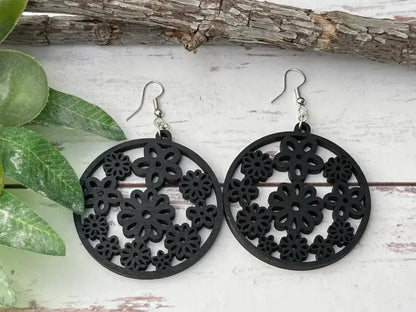 Truly Olive Groovy Flower Pattern Wood Earrings - Earrings Dangle Earrings