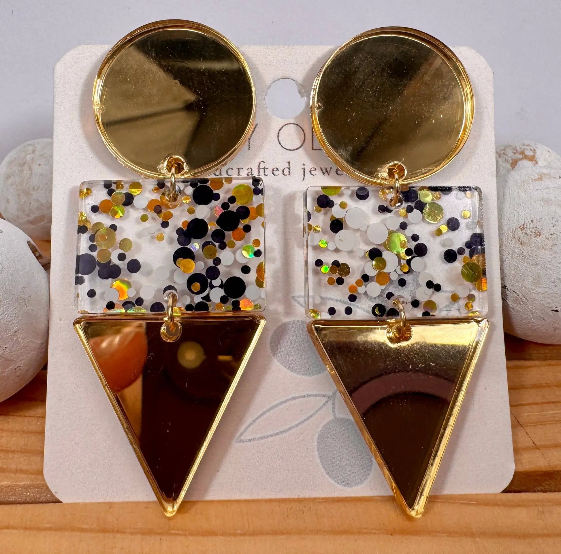 Truly Olive Gold and Black Glass Acrylic Holiday Earrings - Earrings Dangle Earrings