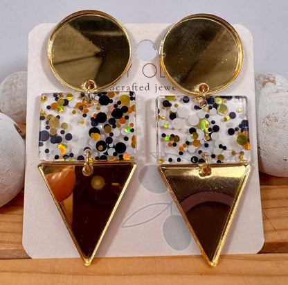 Truly Olive Gold and Black Glass Acrylic Holiday Earrings - Earrings Dangle Earrings