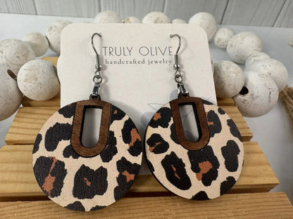 Truly Olive Leopard Pattern Wood Earrings - Earrings Dangle Earrings