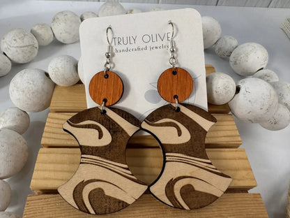 Truly Olive Groovy Swirl Engraved Wood Earrings - Earrings Dangle Earrings