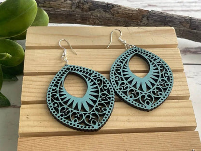 Truly Olive Lightweight Oval Wood Mandala Earrings - Earrings Dangle Earrings