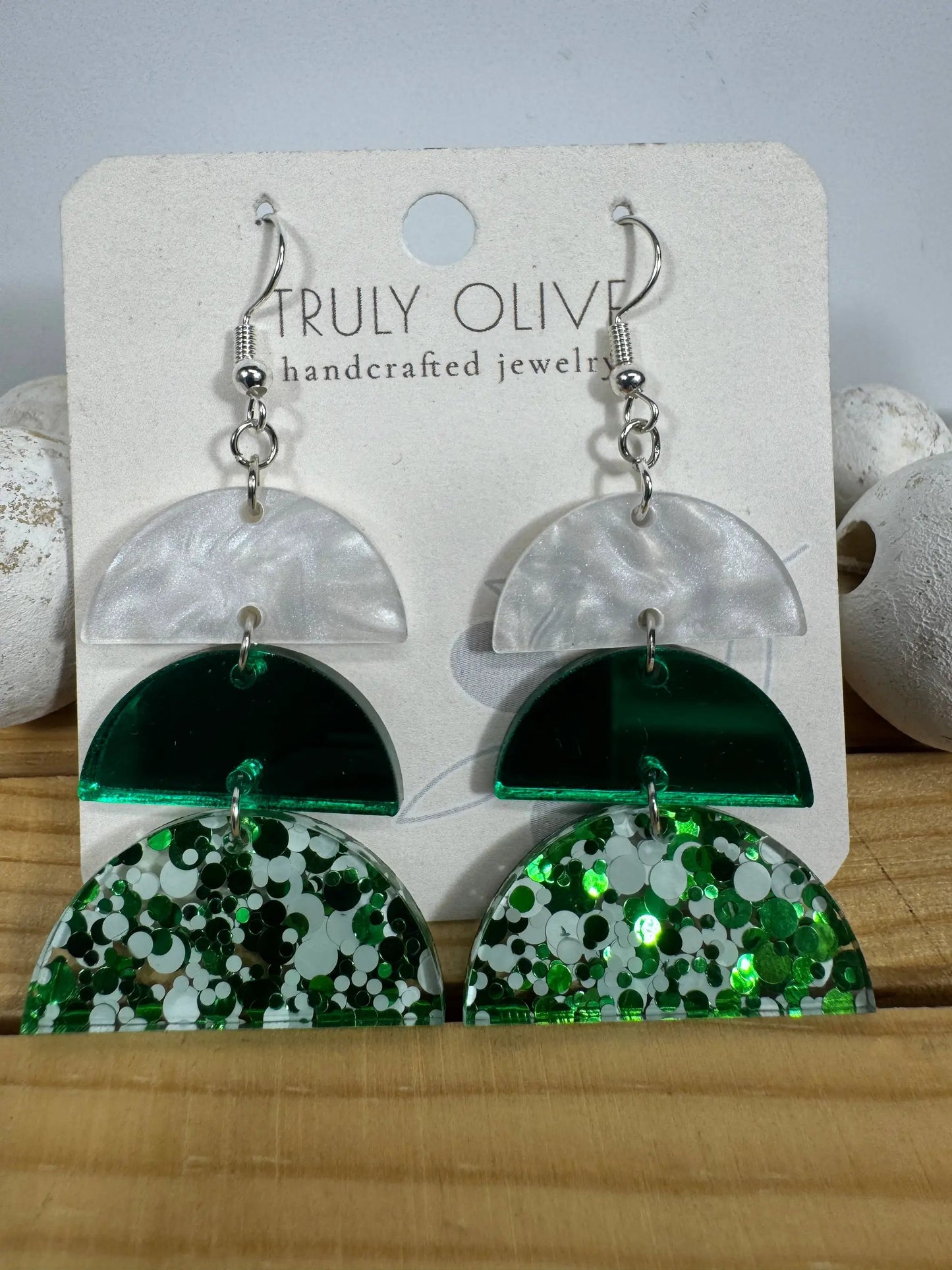 Truly Olive Green and White Sparkly Acrylic Christmas Earrings - Earrings Dangle Earrings