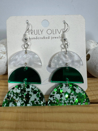 Truly Olive Green and White Sparkly Acrylic Christmas Earrings - Earrings Dangle Earrings