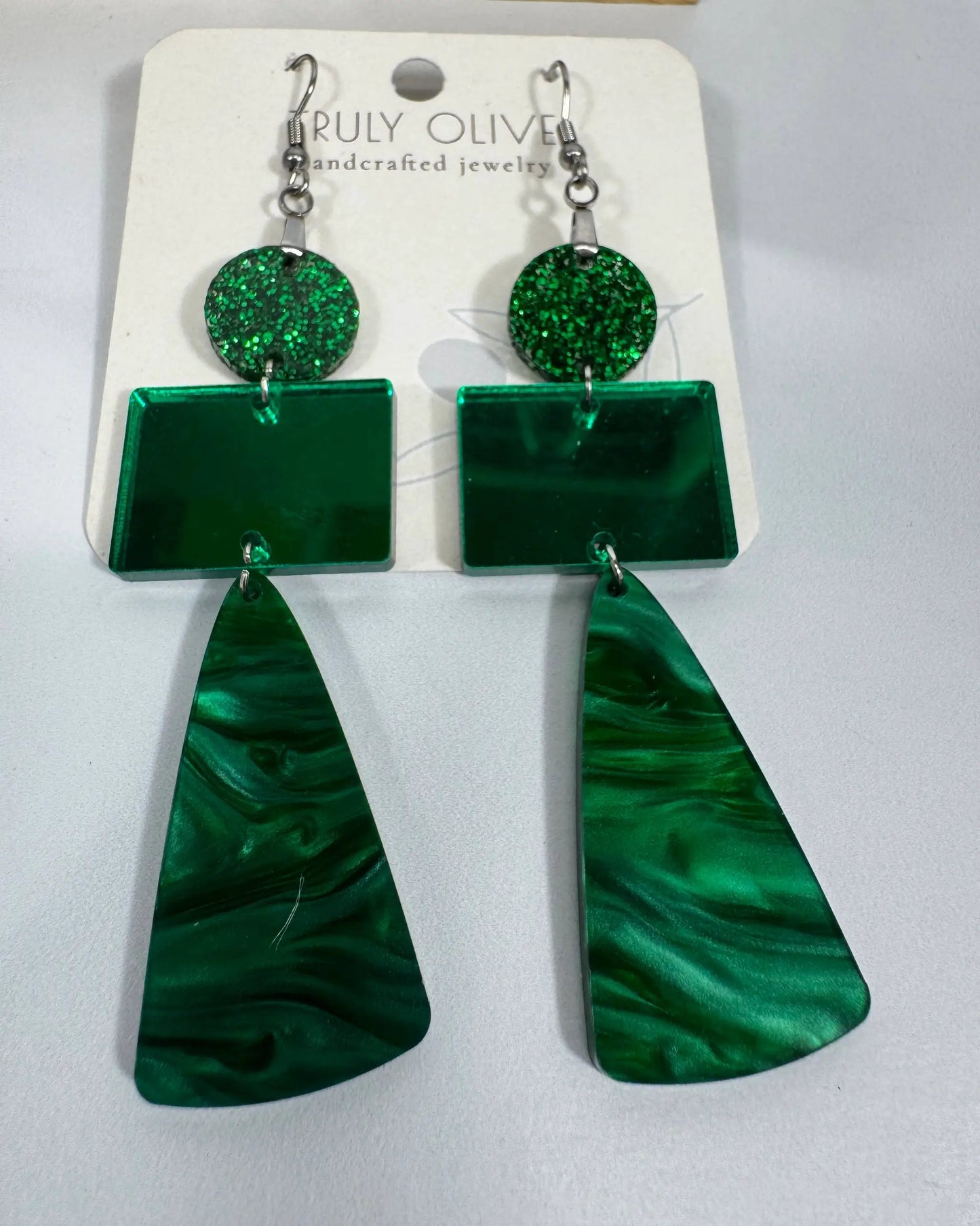 Truly Olive Green Marble and Glitter Acrylic Holiday Earrings - Earrings Dangle Earrings