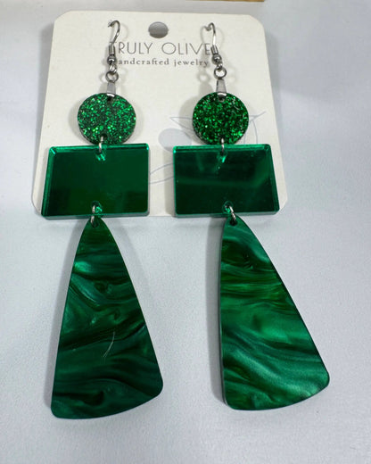 Truly Olive Green Marble and Glitter Acrylic Holiday Earrings - Earrings Dangle Earrings