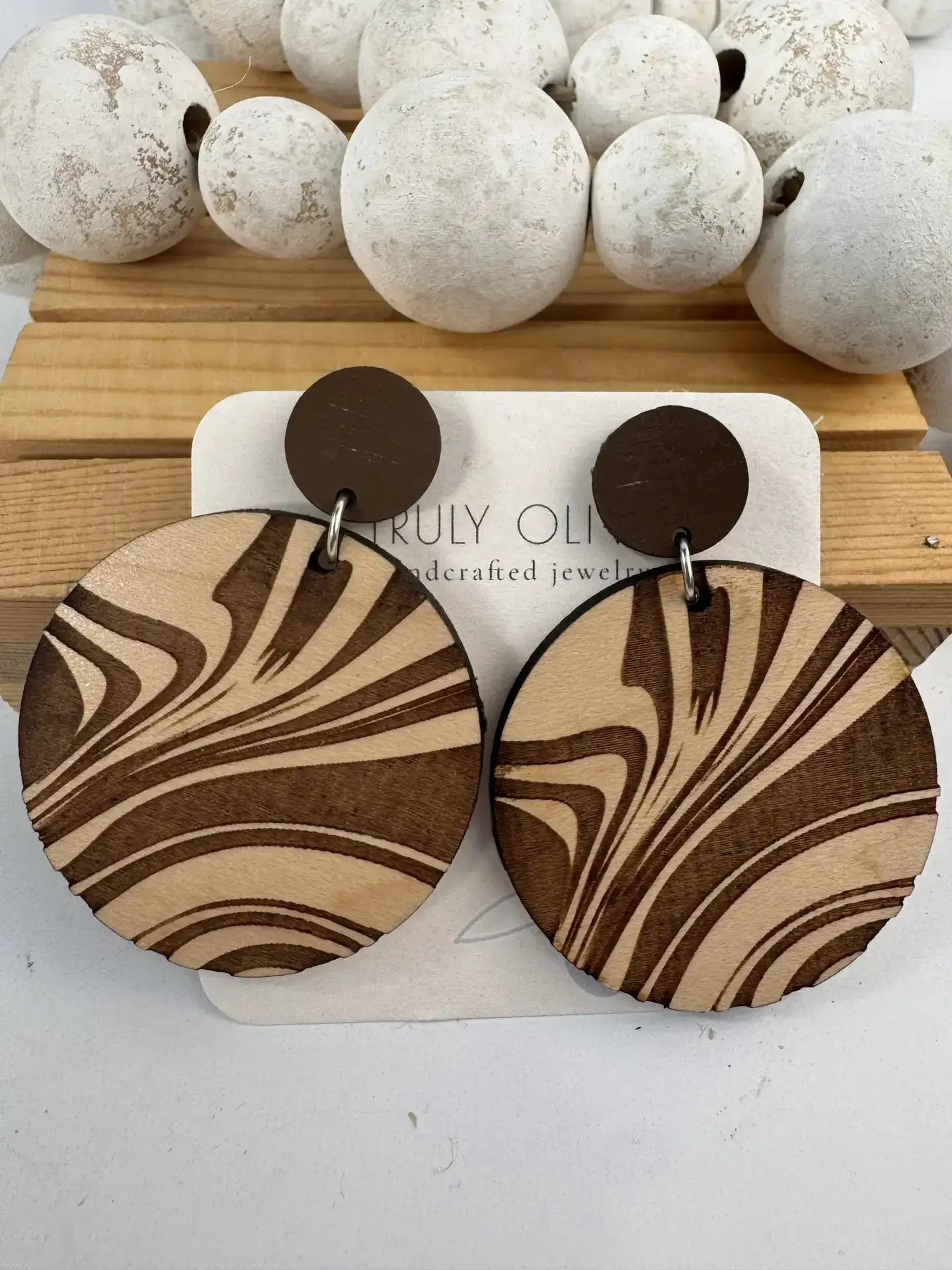 Truly Olive Engraved Wood Earrings - Earrings Dangle Earrings