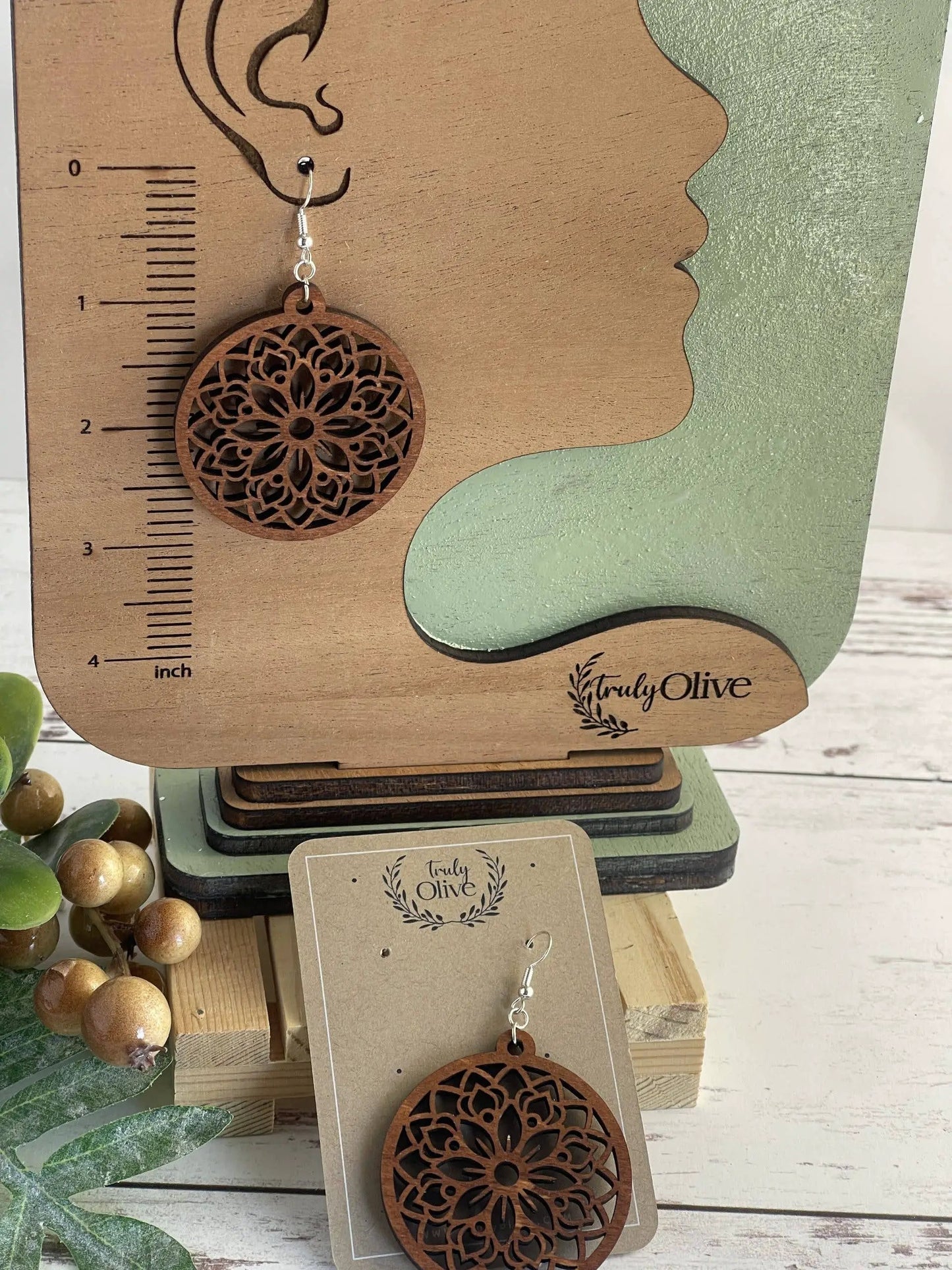 Truly Olive Circle Shape Lightweight Wood Mandala Earrings - Earrings Dangle Earrings