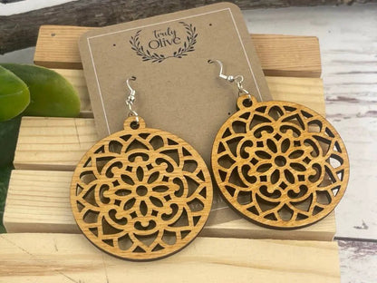 Truly Olive Wood Mandela Circle Shape Lightweight Earrings - Earrings Dangle Earrings