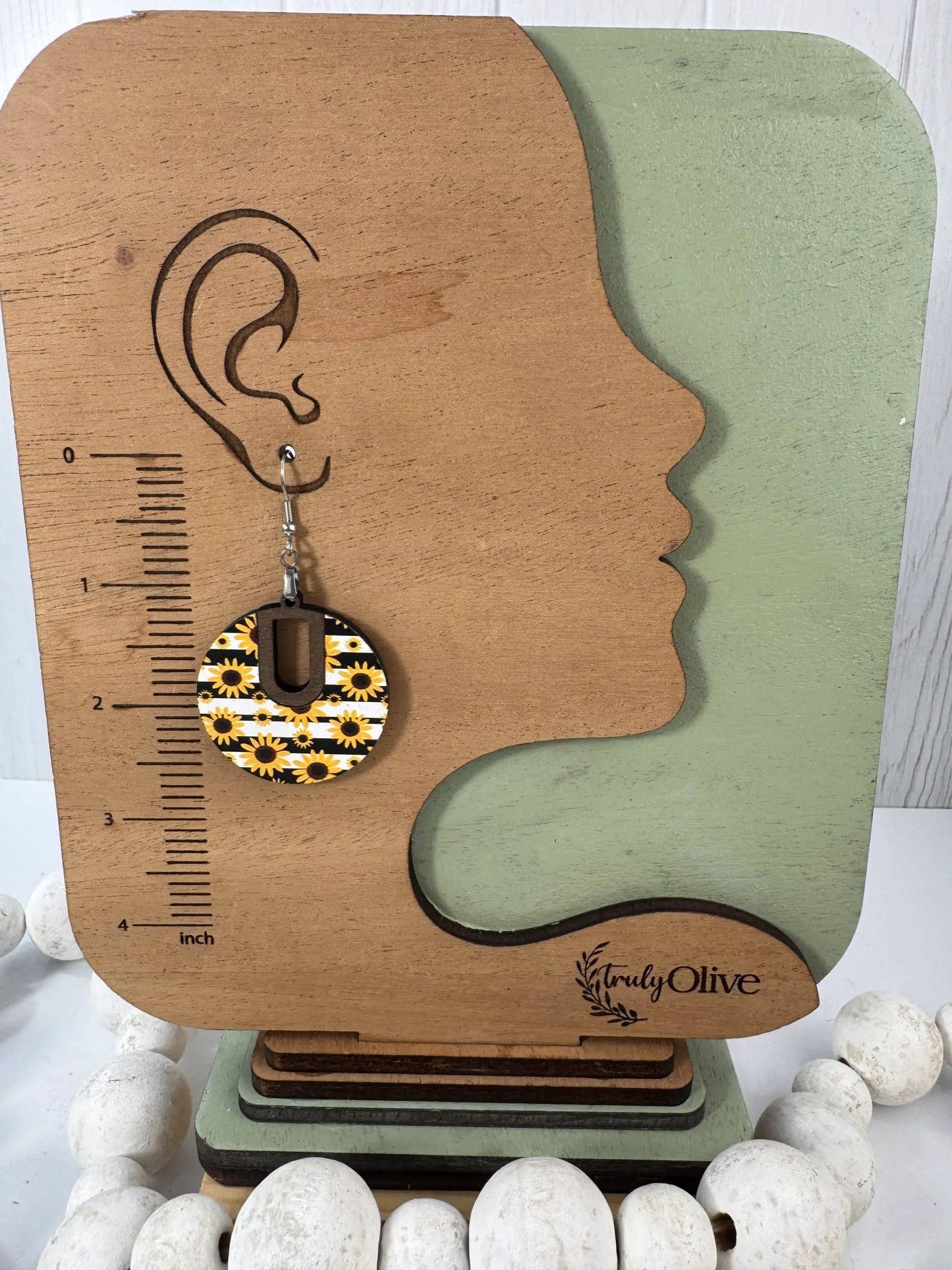 Truly Olive Sunflower Wood Pattern Earrings - Earrings Dangle Earrings