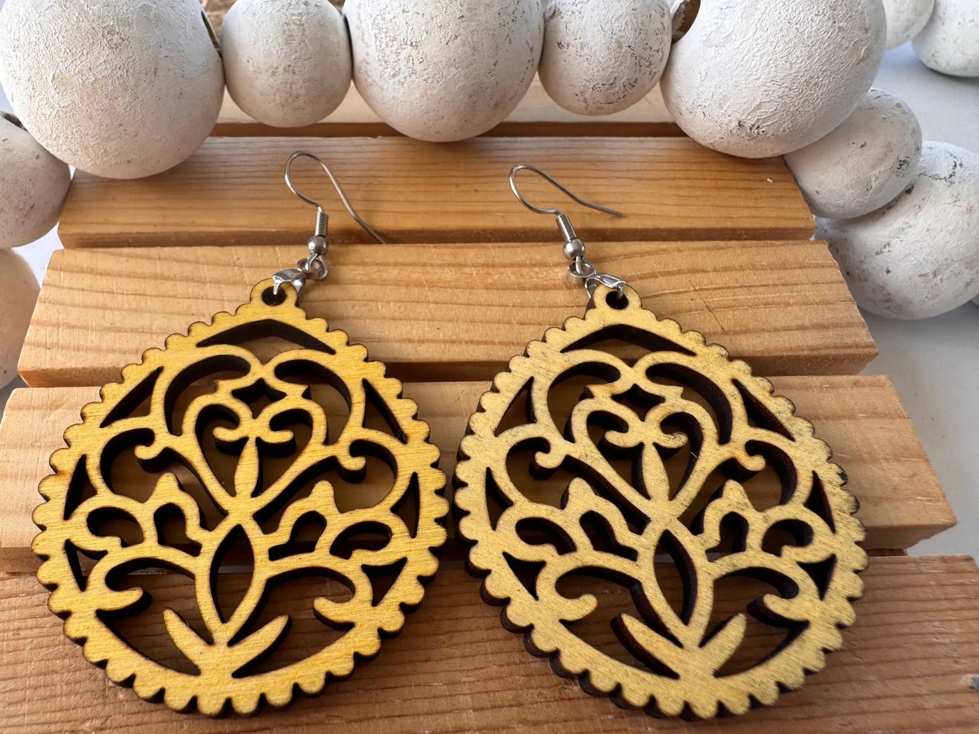 Truly Olive Intricate Wood Earrings - Earrings Dangle Earrings
