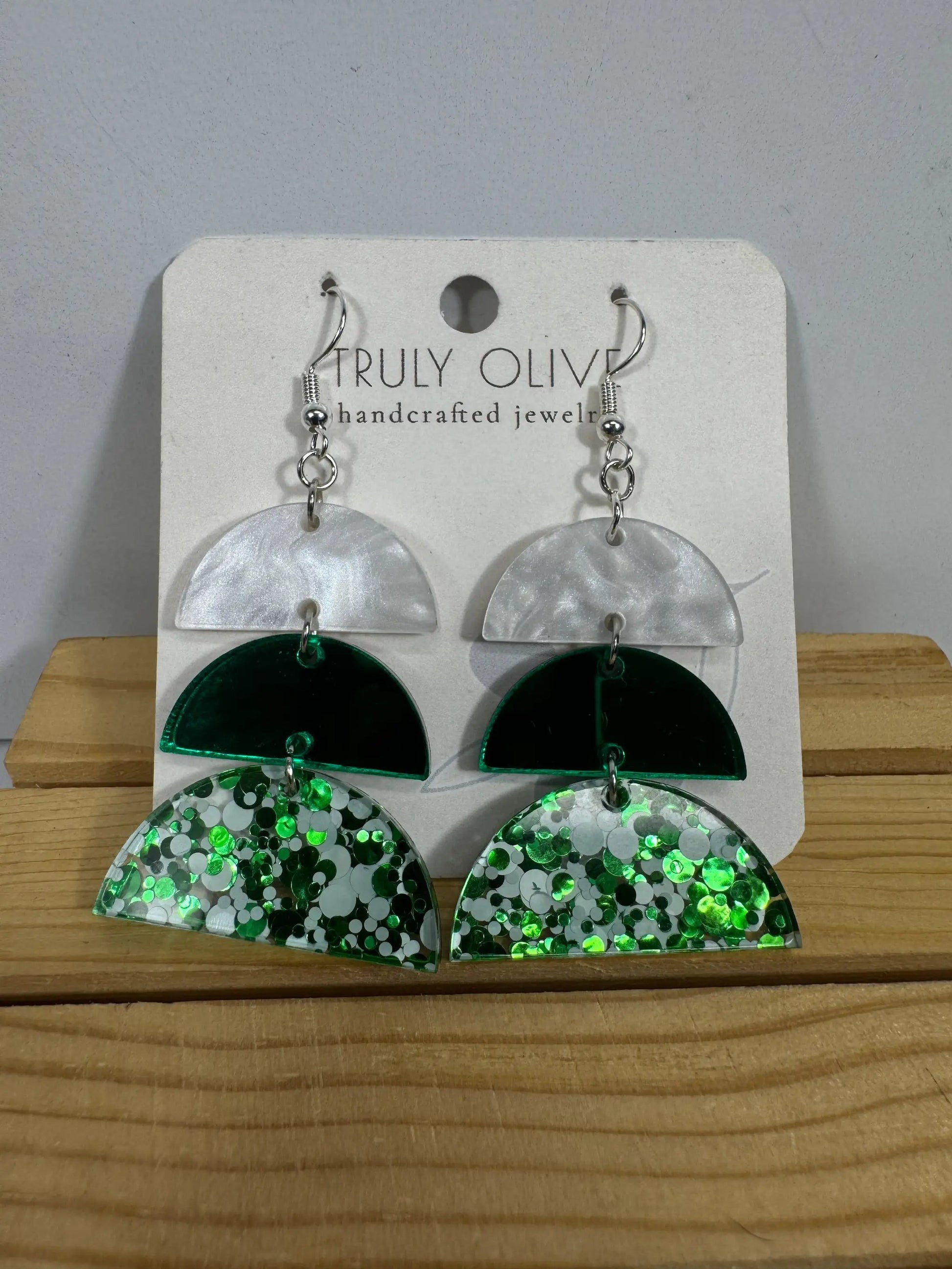 Truly Olive Green and White Sparkly Acrylic Christmas Earrings - Earrings Dangle Earrings