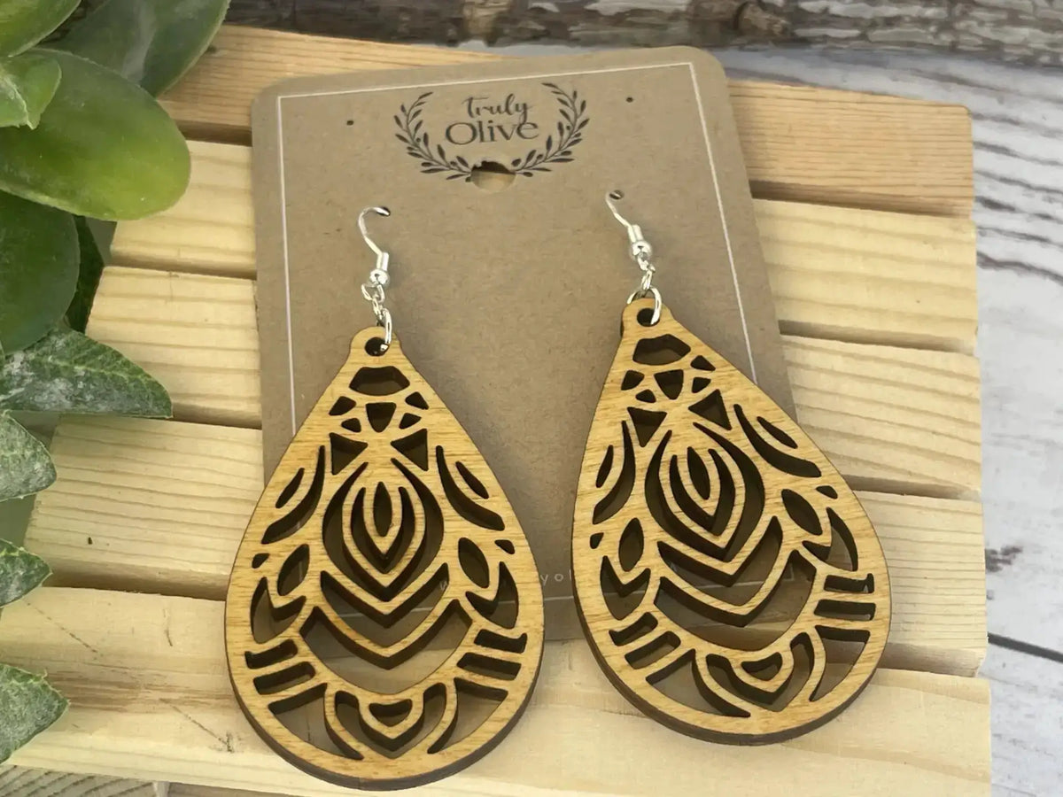 Truly Olive Mandala Wood Earrings - Earrings Dangle Earrings