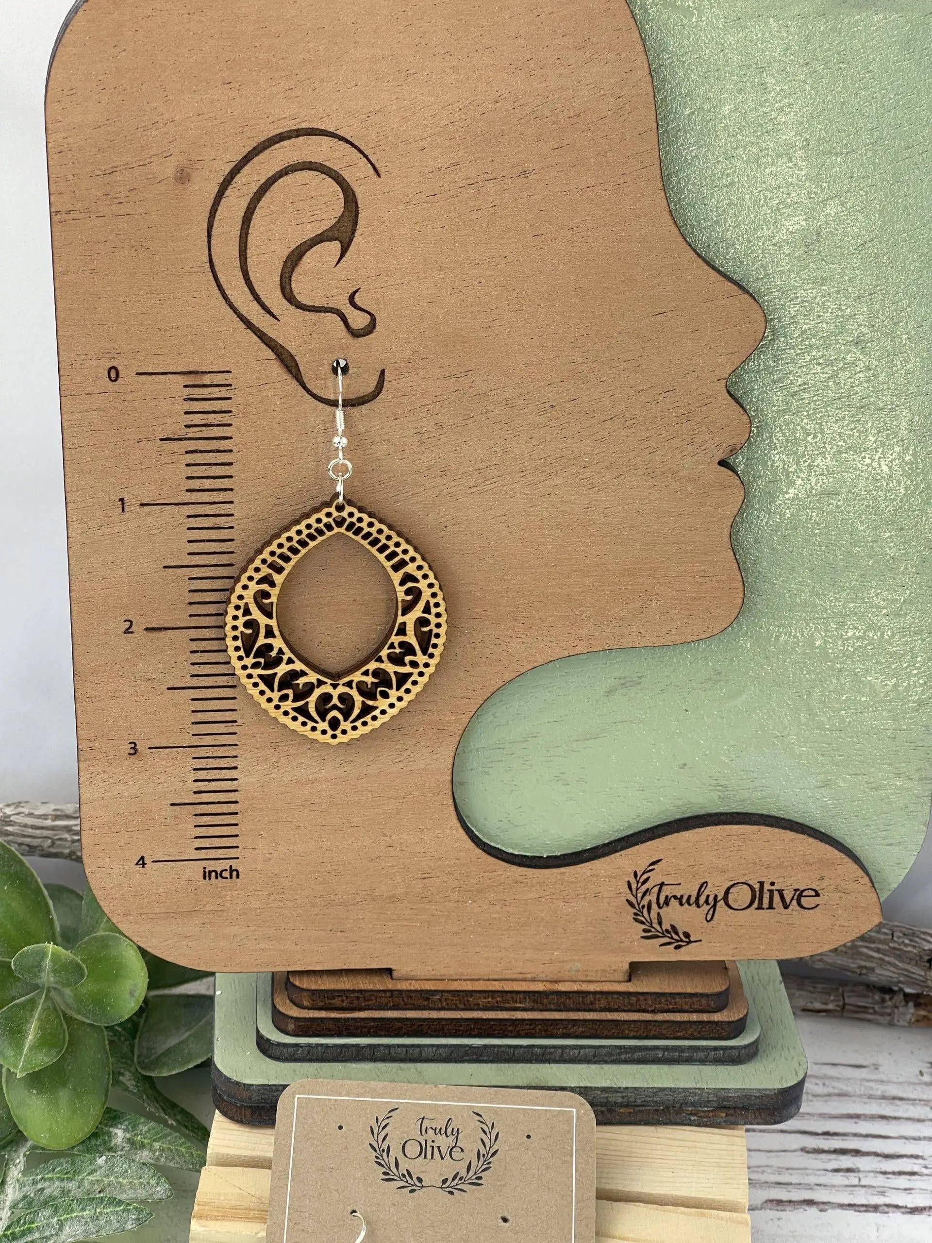 Truly Olive Stunning Wood Mandala Earrings in Unique Oval Shape - Earrings Dangle Earrings