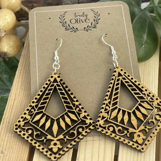 Truly Olive Lightweight Wood Mandala Earrings - Earrings Dangle Earrings