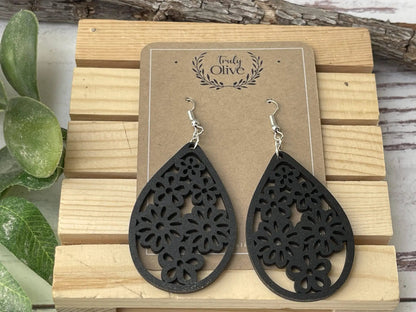 Truly Olive Stunning Wood Mandala Earrings in a Unique Teardrop Shape - Earrings Dangle Earrings