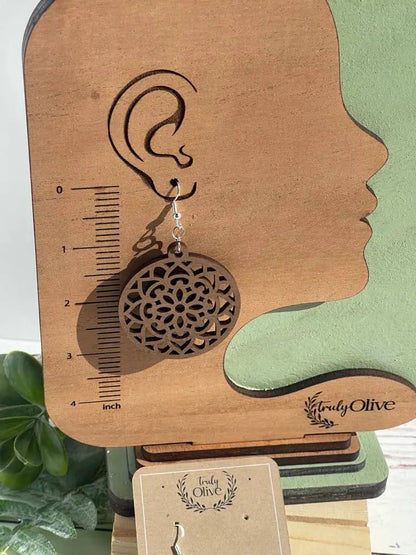 Truly Olive Wood Mandela Circle Shape Lightweight Earrings - Earrings Dangle Earrings