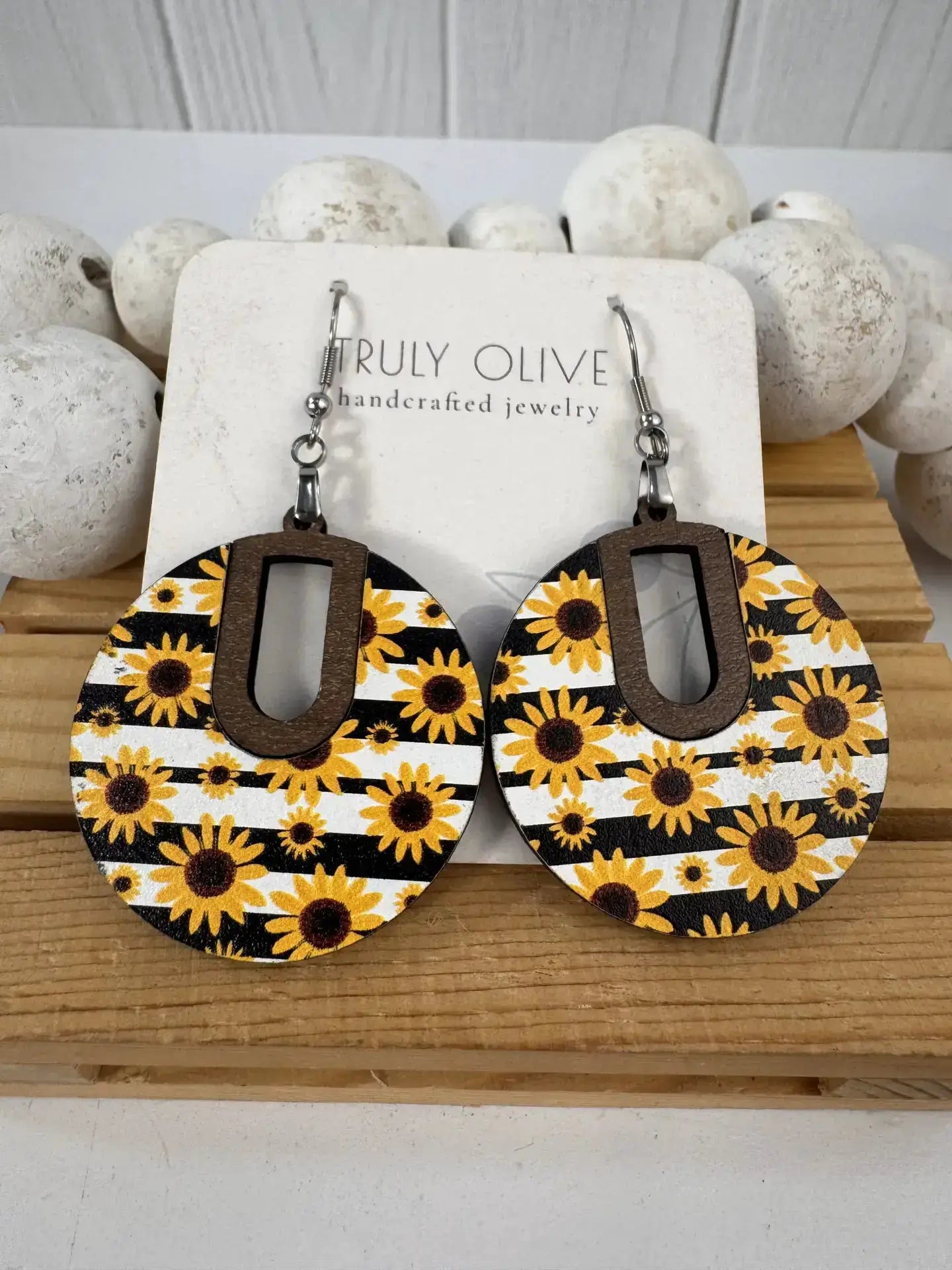Truly Olive Sunflower Wood Pattern Earrings - Earrings Dangle Earrings