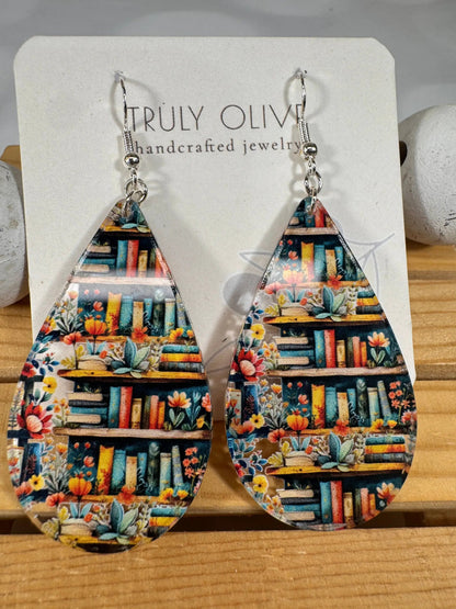 Truly Olive Bookshelf Earrings Book Lovers Teardrop Earrings - Earrings Dangle Earrings