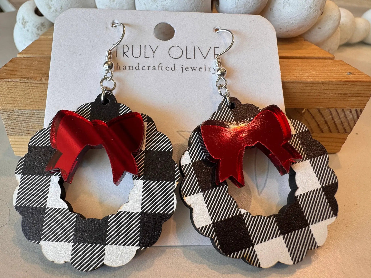 Truly Olive Black and White Buffalo Plaid Christmas Wreath Earrings - Earrings Dangle Earrings