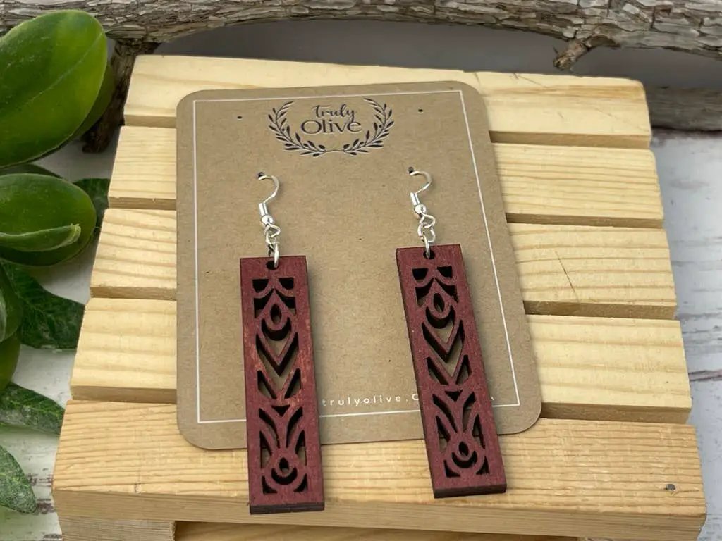 Truly Olive Rectangle Mandala Earrings Lightweight Wood Earrings - Earrings Dangle Earrings