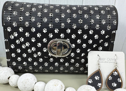 Truly Olive Puppy Paw Print Blue Flower Pattern Wood Handbag Clutch Purse - Clutch Bags Clutch Bag - Women's