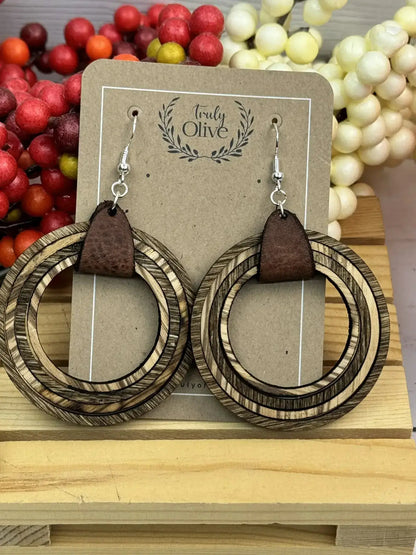 Truly Olive Leather and Wooden Hoop Earrings - Earrings Dangle Earrings