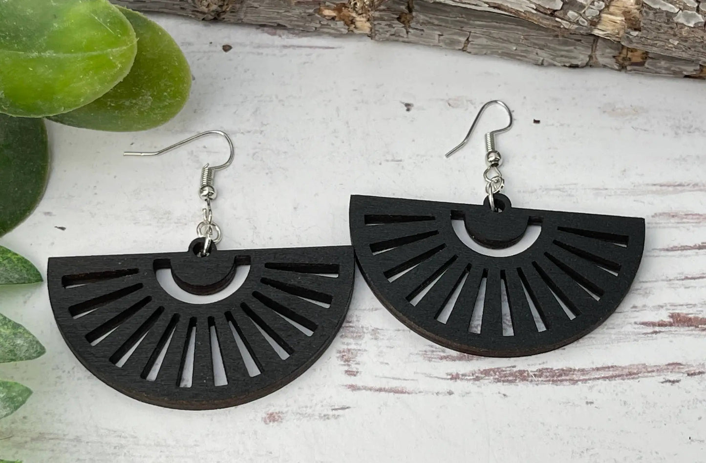Truly Olive Fan Shape Wood Earrings - Earrings Dangle Earrings