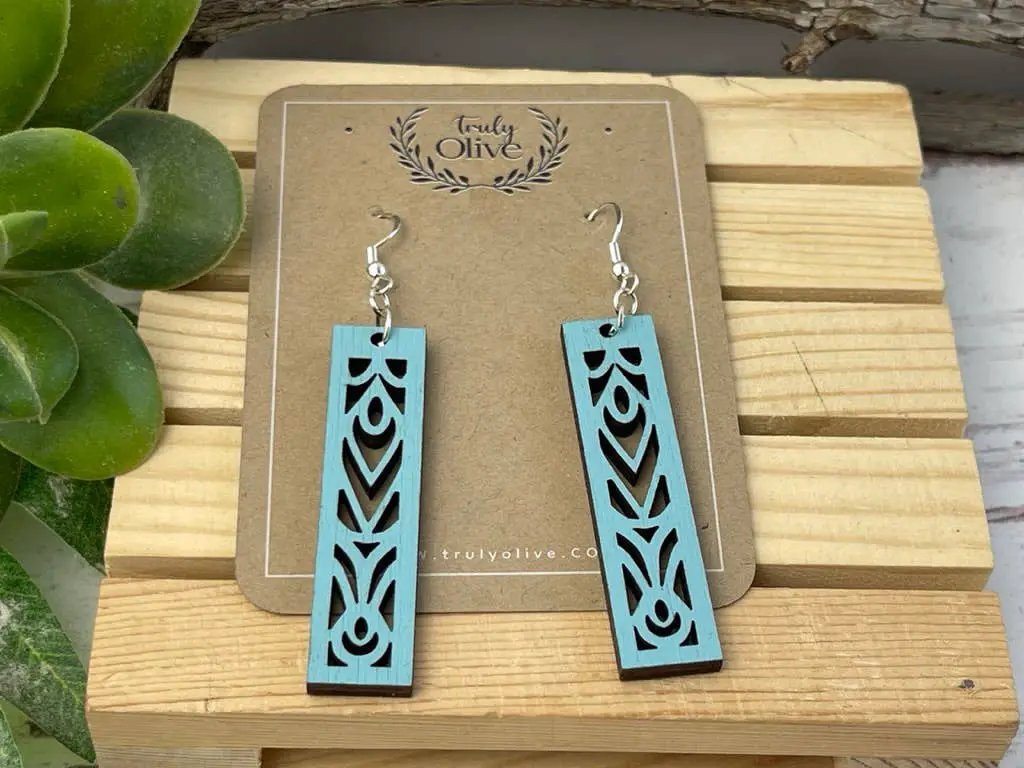 Truly Olive Rectangle Mandala Earrings Lightweight Wood Earrings - Earrings Dangle Earrings