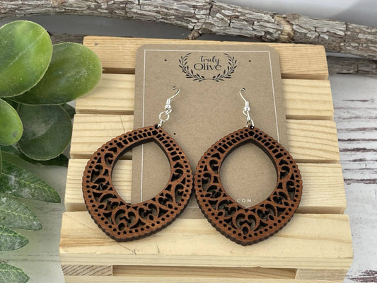 Truly Olive Stunning Wood Mandala Earrings in Unique Oval Shape - Earrings Dangle Earrings