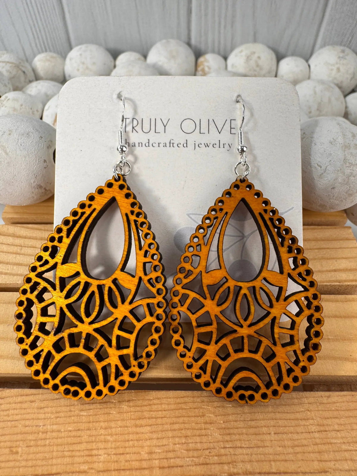 Truly Olive Stunning Wood Mandala Earrings in a Unique Teardrop Shape - Earrings Dangle Earrings