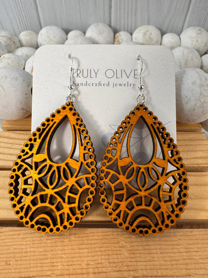 Truly Olive Stunning Wood Mandala Earrings in a Unique Teardrop Shape - Earrings Dangle Earrings