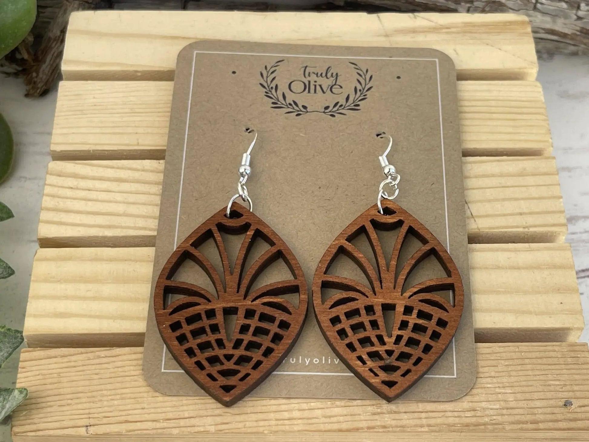 Truly Olive Geometric Style Filigree Lightweight Wood Earrings - Earrings Dangle Earrings