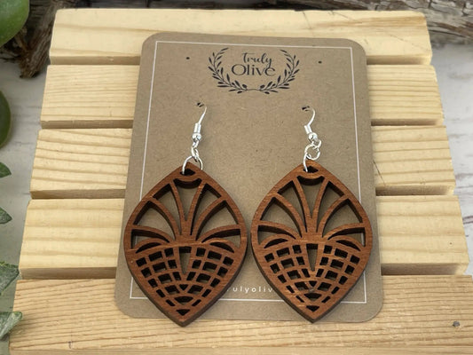 Truly Olive Geometric Style Filigree Lightweight Wood Earrings - Earrings Dangle Earrings