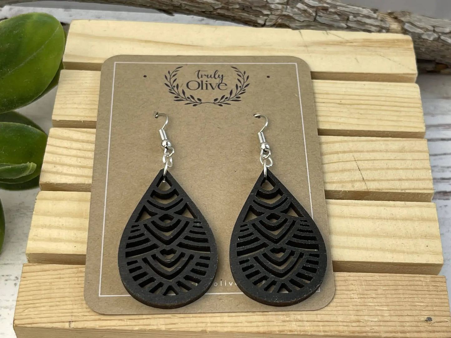 Truly Olive Geometric Small Wooden Earrings - Earrings Dangle Earrings