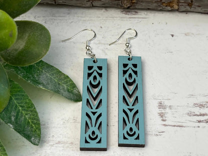 Truly Olive Rectangle Mandala Earrings Lightweight Wood Earrings - Earrings Dangle Earrings