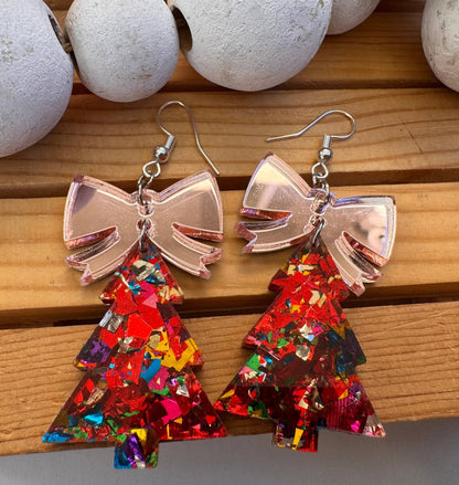 Truly Olive Glitter Christmas Trees With Rose Gold Bow - Earrings Dangle Earrings