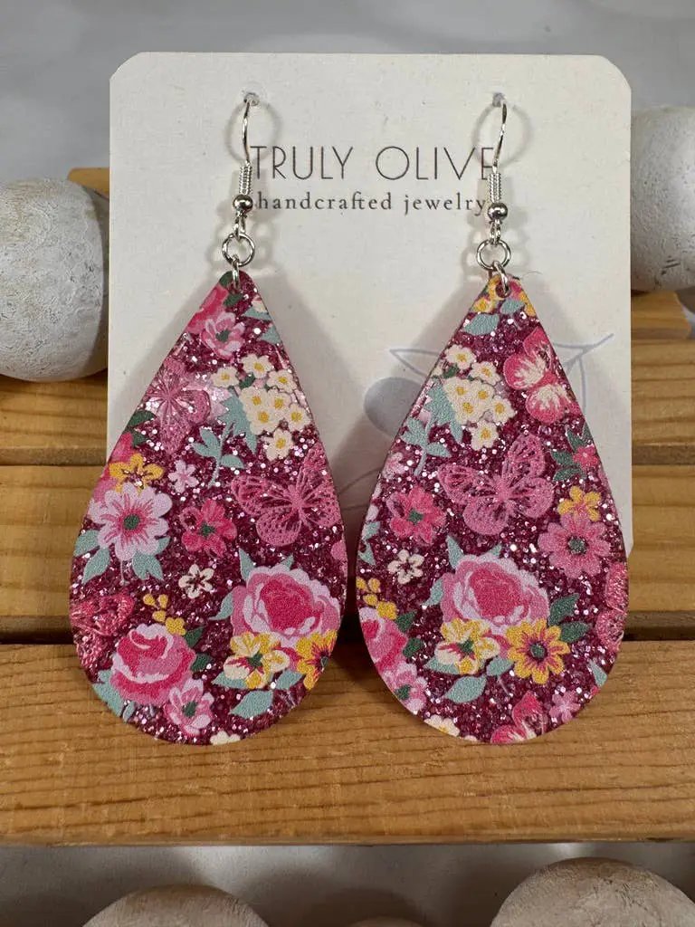Truly Olive Pink Glitter Flower Pattern Acrylic Earrings - Earrings Dangle Earrings