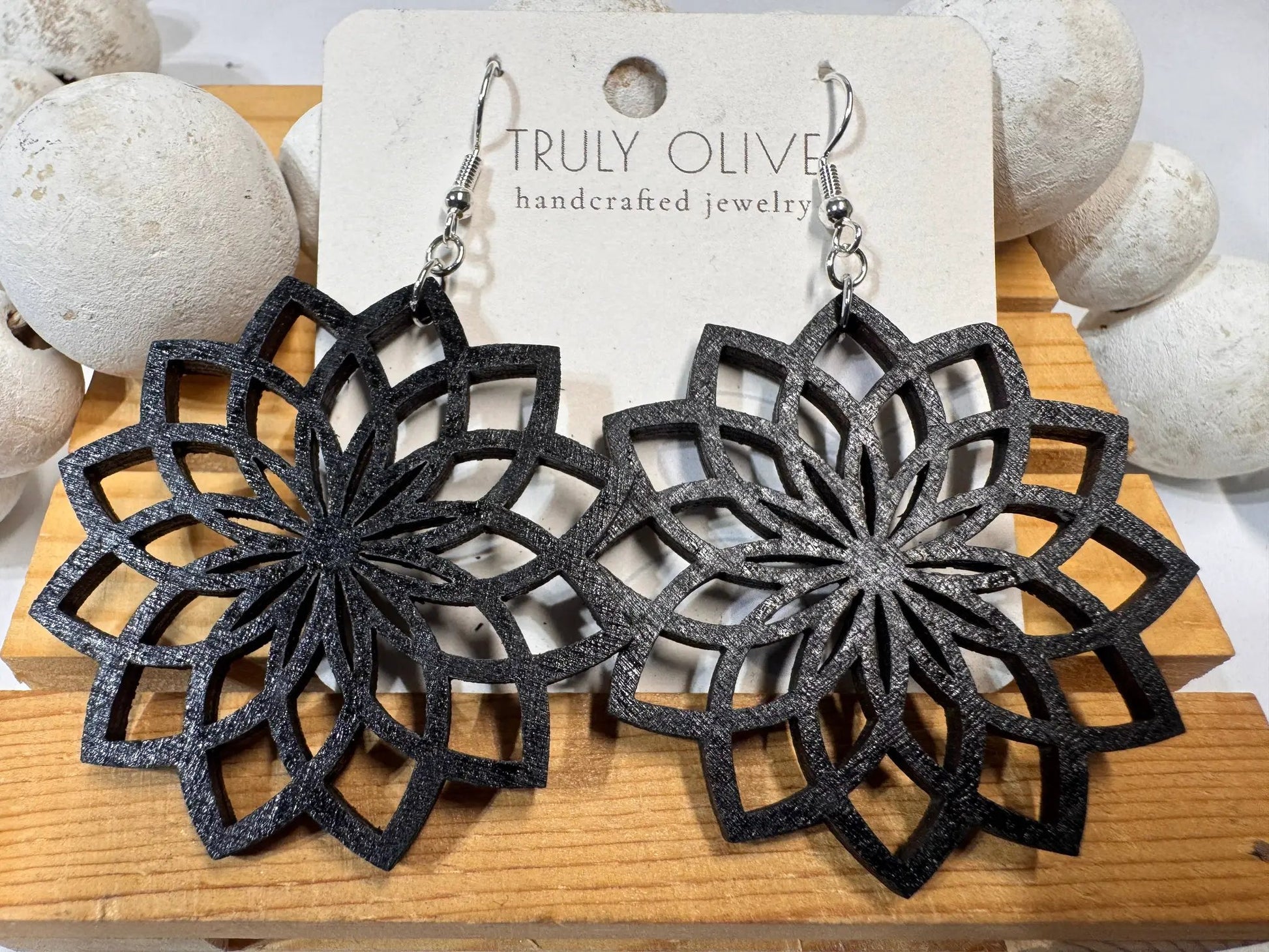 Truly Olive Natural Wood Mandala Earrings - Earrings Dangle Earrings