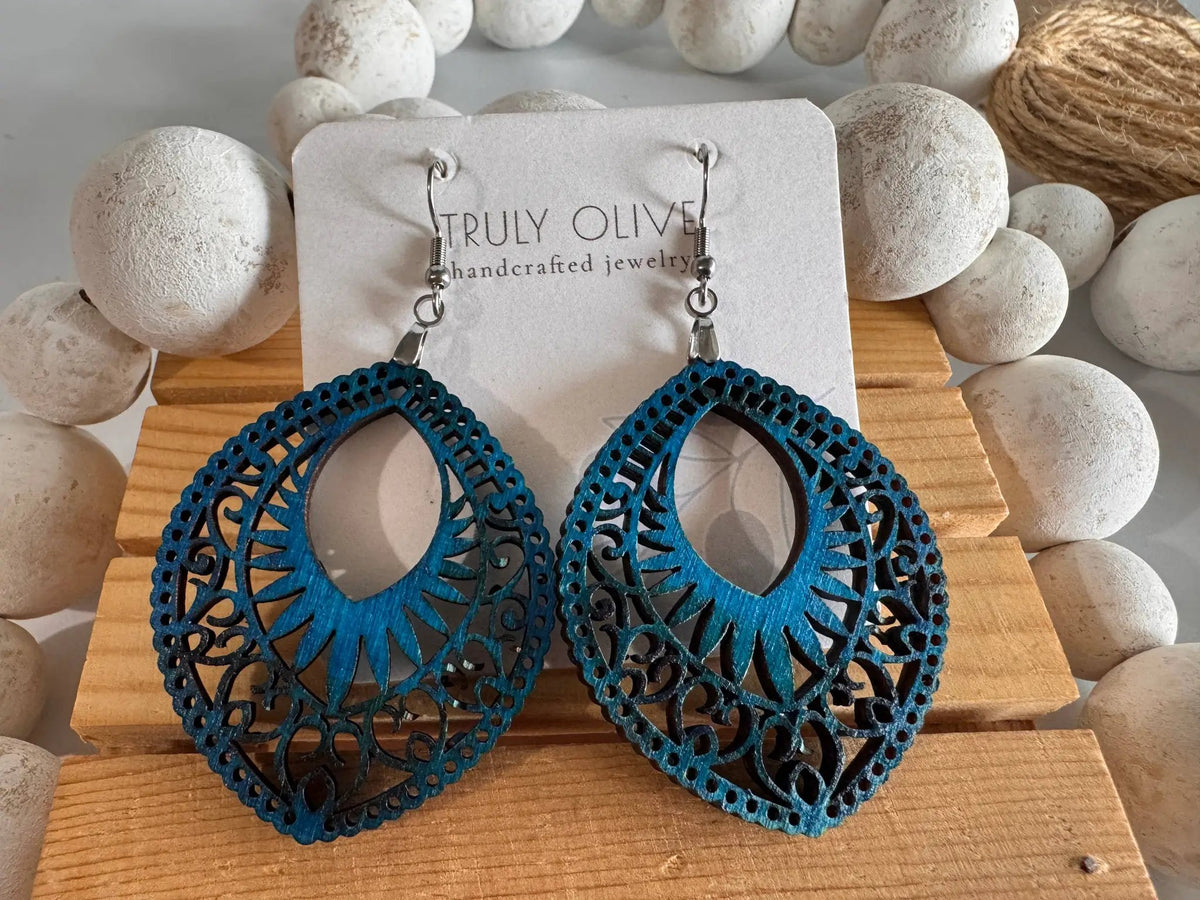 Truly Olive Lightweight Oval Wood Mandala Earrings - Earrings Dangle Earrings