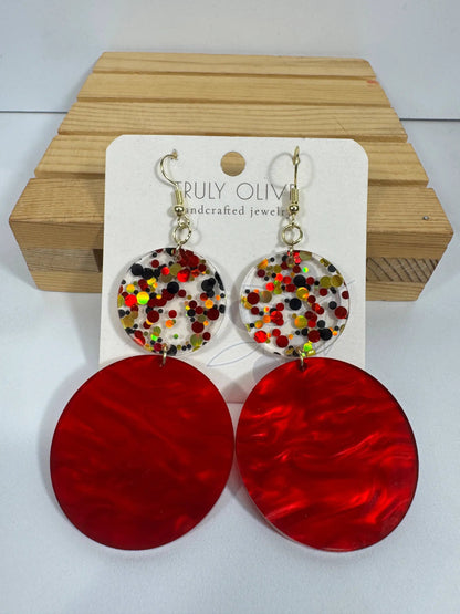 Truly Olive Red and Confetti Acrylic Earrings - Earrings Dangle Earrings